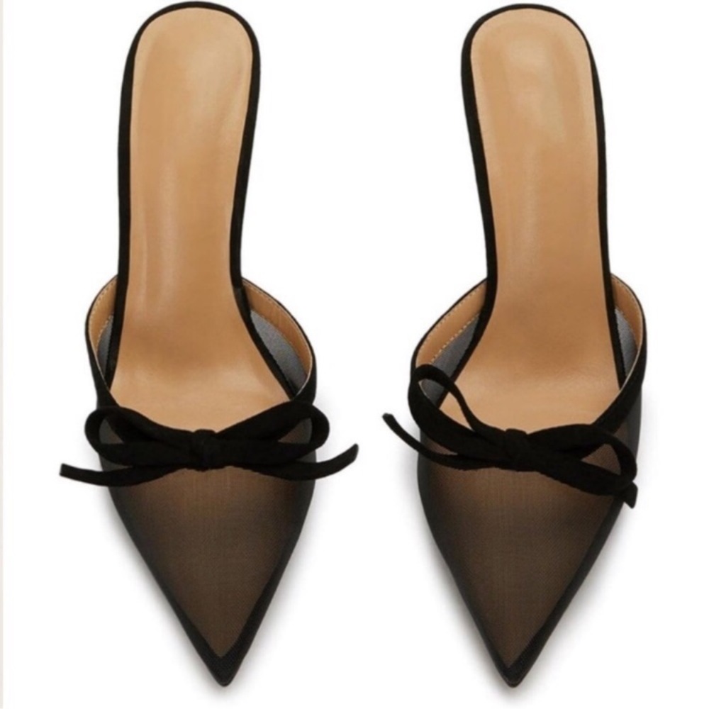 New Black Mesh Kitten Heels Women Slip On Pointed Toe Backless Mules Bow